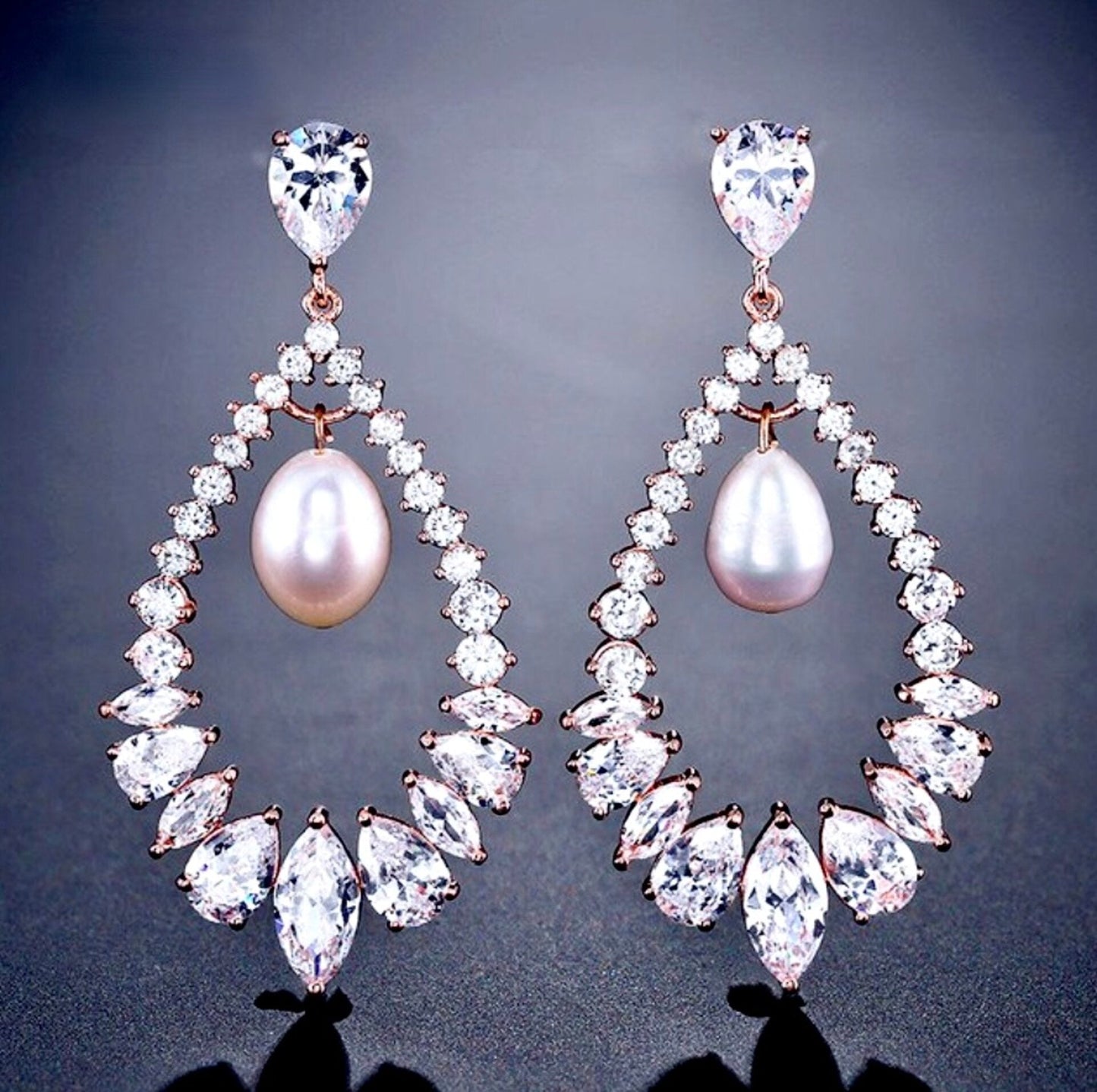 Kaitlynn - Pearl and Cubic Zirconia Bridal Earrings - Available in Silver and Rose Gold