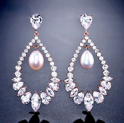 Kaitlynn - Pearl and Cubic Zirconia Bridal Earrings - Available in Silver and Rose Gold