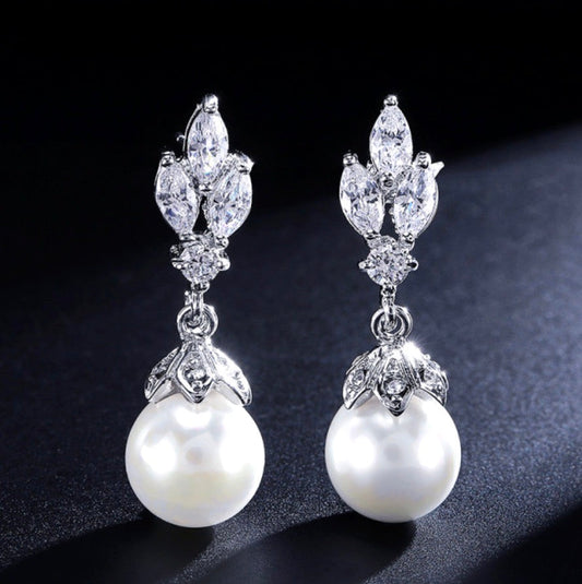 Esme - Pearl and Cubic Zirconia Bridal Earrings - Available in Silver, Rose Gold and Yellow Gold