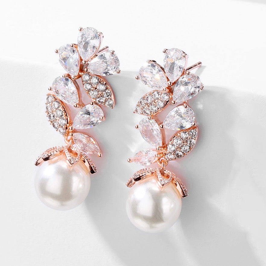 Almera - Pearl and Cubic Zirconia Bridal Earrings - Available in Rose Gold and Silver