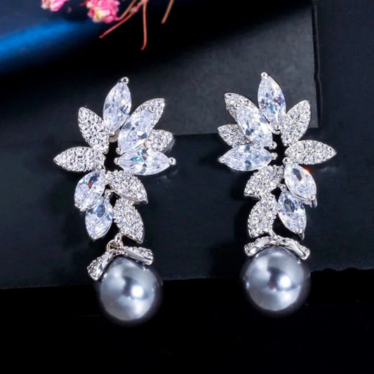 Ida - Gray Pearl and Cubic Zirconia Bridal Earrings