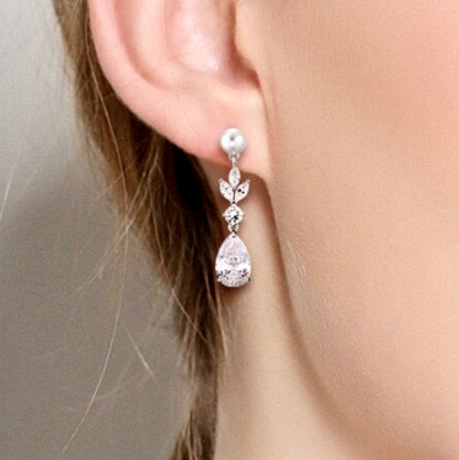 Perla - Pearl and Cubic Zirconia Bridal Earrings - Available in Silver, Rose Gold and Yellow Gold