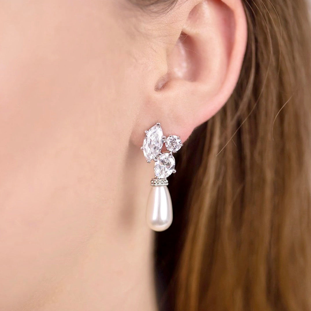 Alexia - Bridal Pearl Drop Earrings - Available in Silver and Yellow Gold