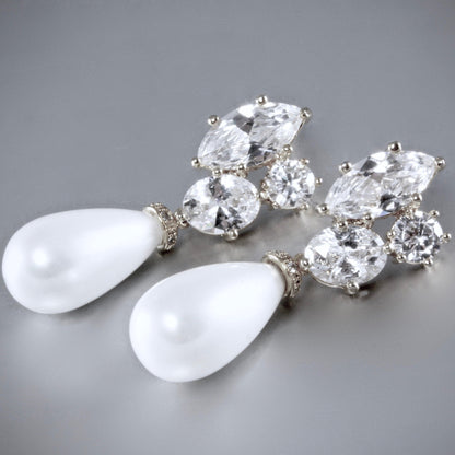 Alexia - Bridal Pearl Drop Earrings - Available in Silver and Yellow Gold