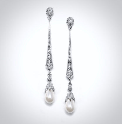 Cece - Art Deco Pearl and CZ Bridal Earrings - Available in Silver, Rose Gold and Yellow Gold