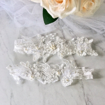 Janis - Lace and Pearl Bridal Garter Set