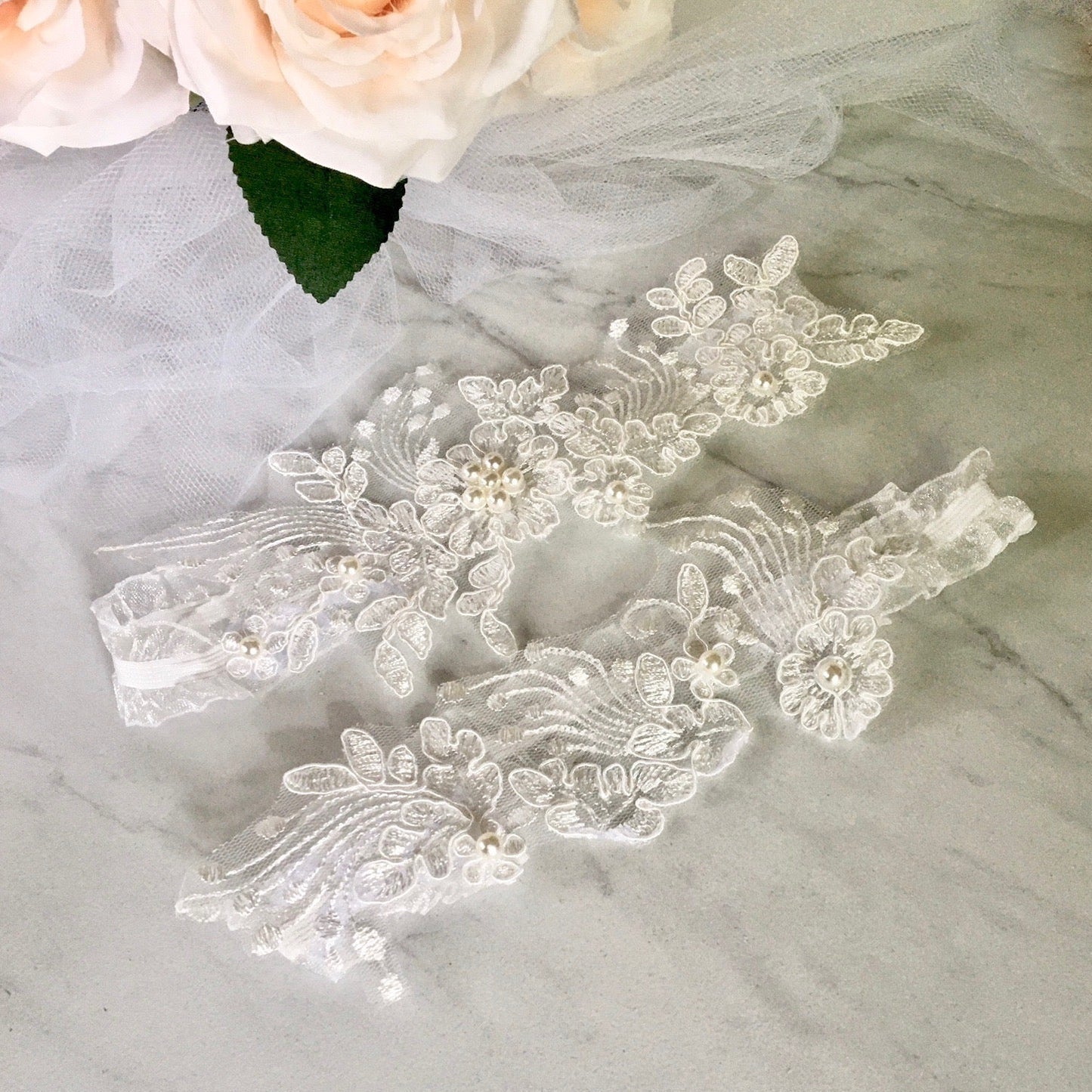 Janis - Lace and Pearl Bridal Garter Set