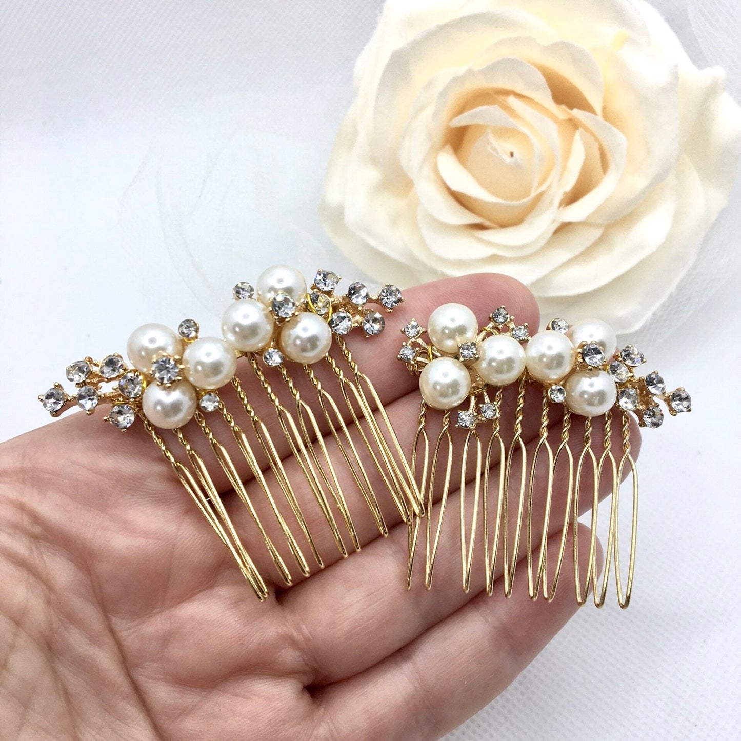 "Mera" - Pearl Bridal Hair Comb Set of 2 - Available in Gold and Silver