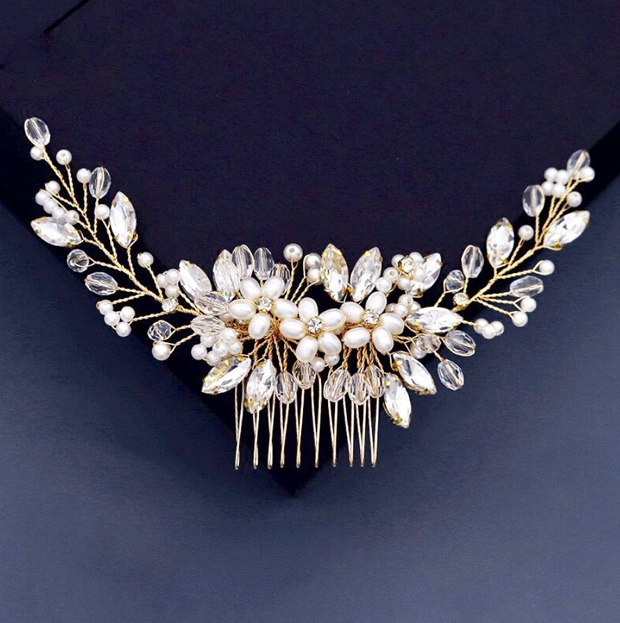 "Roseann" - Pearl and Crystal Bridal Hair Comb - Available in Silver, Rose Gold and Yellow Gold