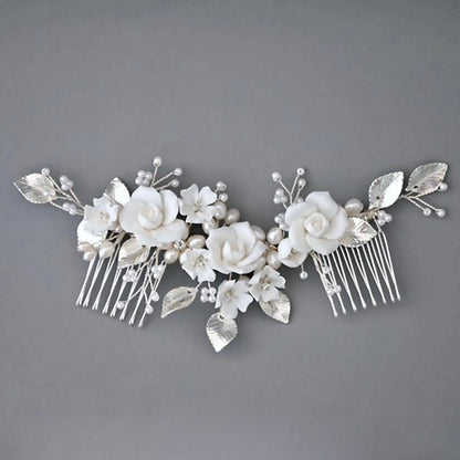 "Gloria" - Ceramic Flowers Silver Bridal Hair Comb / Vine