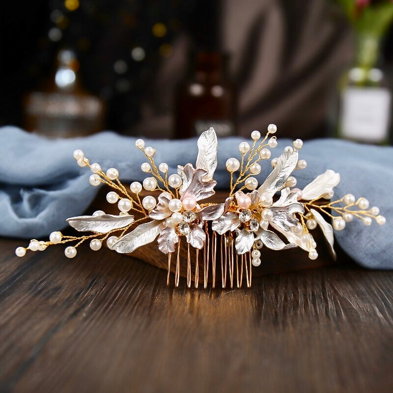"Olivia" - Gold Pearl Bridal Hair Comb