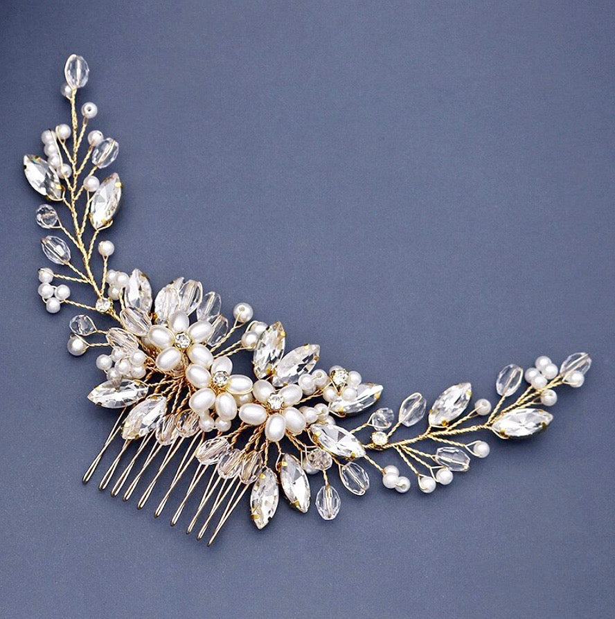 "Roseann" - Pearl and Crystal Bridal Hair Comb - Available in Silver, Rose Gold and Yellow Gold