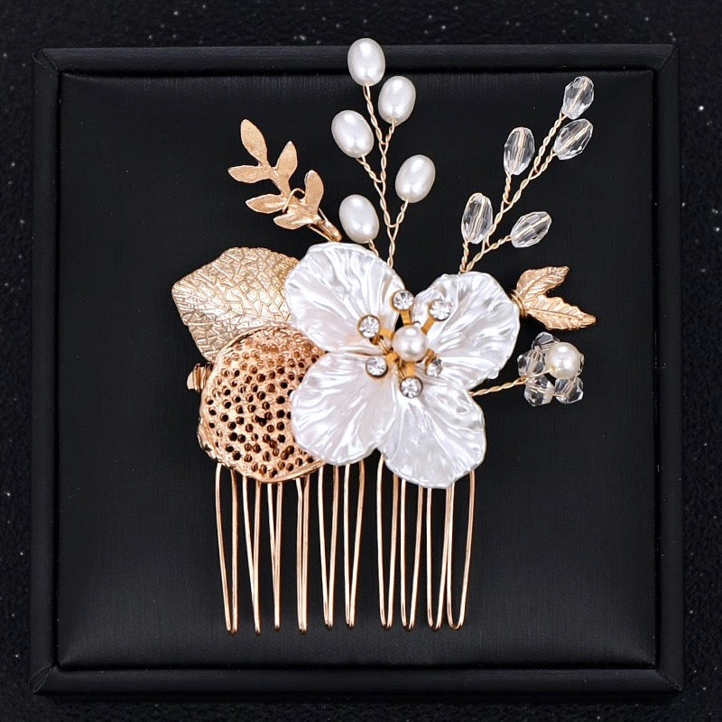 Clover - Pearl and Crystal Bridal Hair Comb - Available in Yellow Gold and Silver