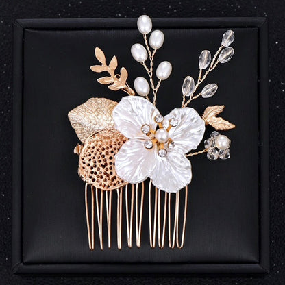 Clover - Pearl and Crystal Bridal Hair Comb - Available in Yellow Gold and Silver