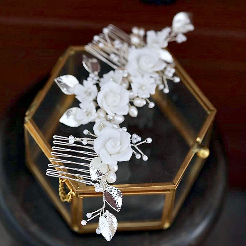 "Gloria" - Ceramic Flowers Silver Bridal Hair Comb / Vine