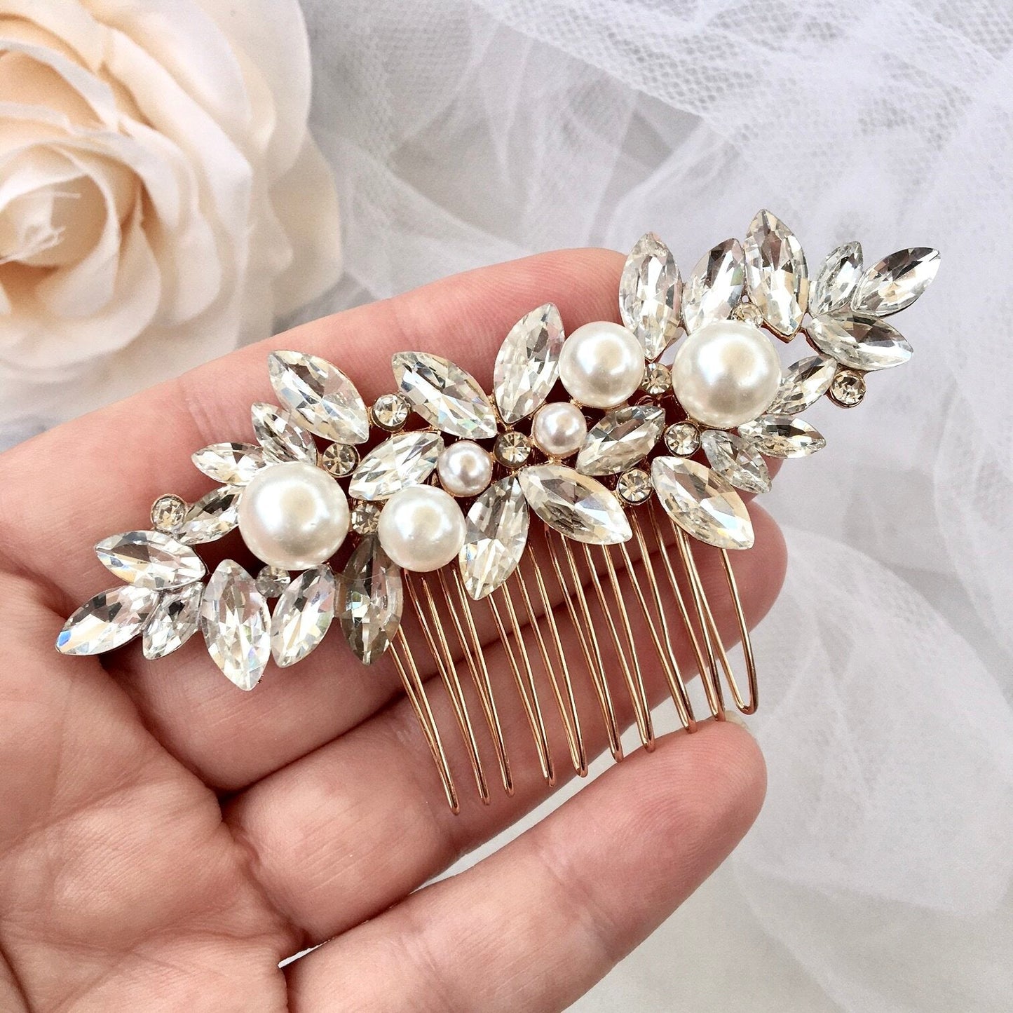Adnana - Pearl Bridal Hair Comb - Available in Silver and Gold