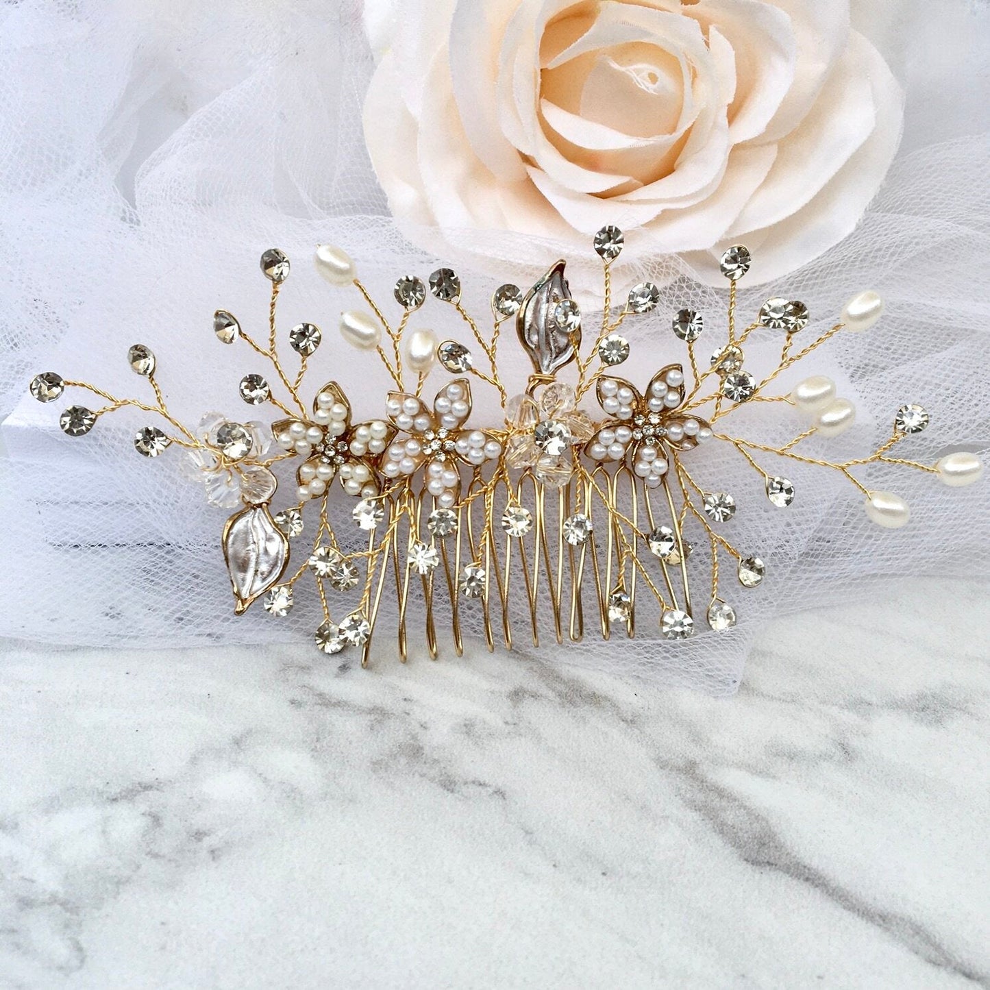 "Lucinda" - Pearl Bridal Hair Comb - Available in Silver, Yellow Gold and Rose Gold