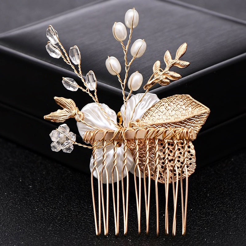 Clover - Pearl and Crystal Bridal Hair Comb - Available in Yellow Gold and Silver