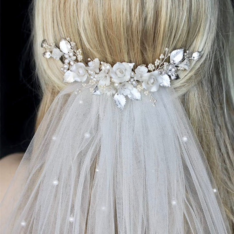 "Gloria" - Ceramic Flowers Silver Bridal Hair Comb / Vine
