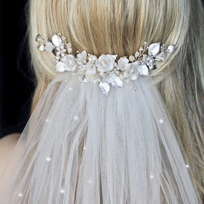 "Gloria" - Ceramic Flowers Silver Bridal Hair Comb / Vine