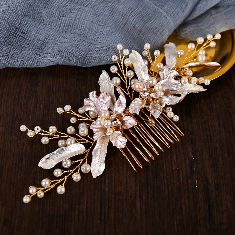 "Olivia" - Gold Pearl Bridal Hair Comb