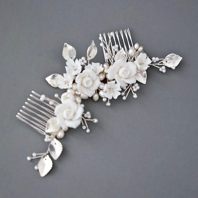 "Gloria" - Ceramic Flowers Silver Bridal Hair Comb / Vine