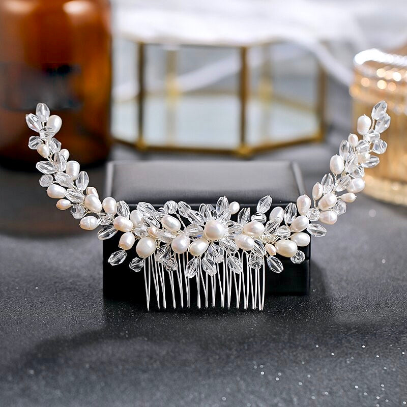 "Daliya" - Silver Natural Pearls Bridal Hair Comb
