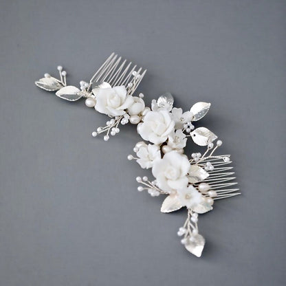"Gloria" - Ceramic Flowers Silver Bridal Hair Comb / Vine