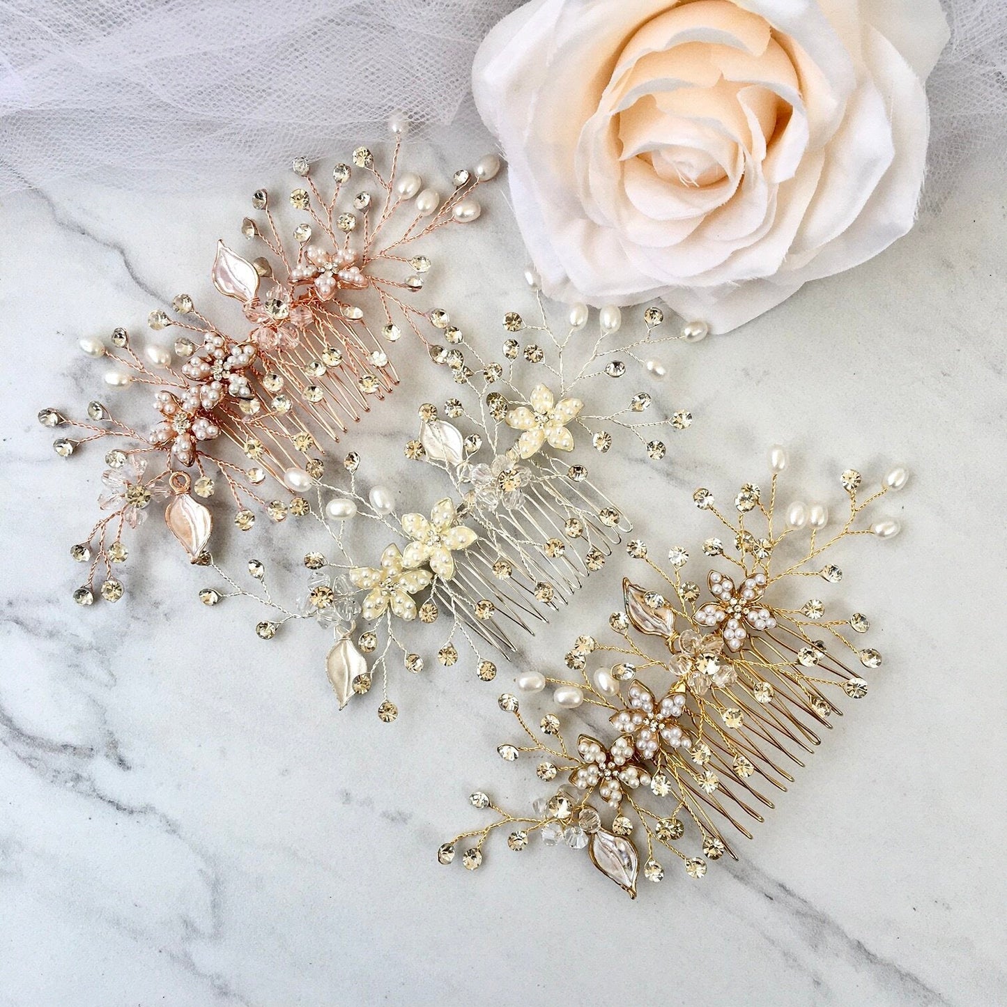 "Lucinda" - Pearl Bridal Hair Comb - Available in Silver, Yellow Gold and Rose Gold