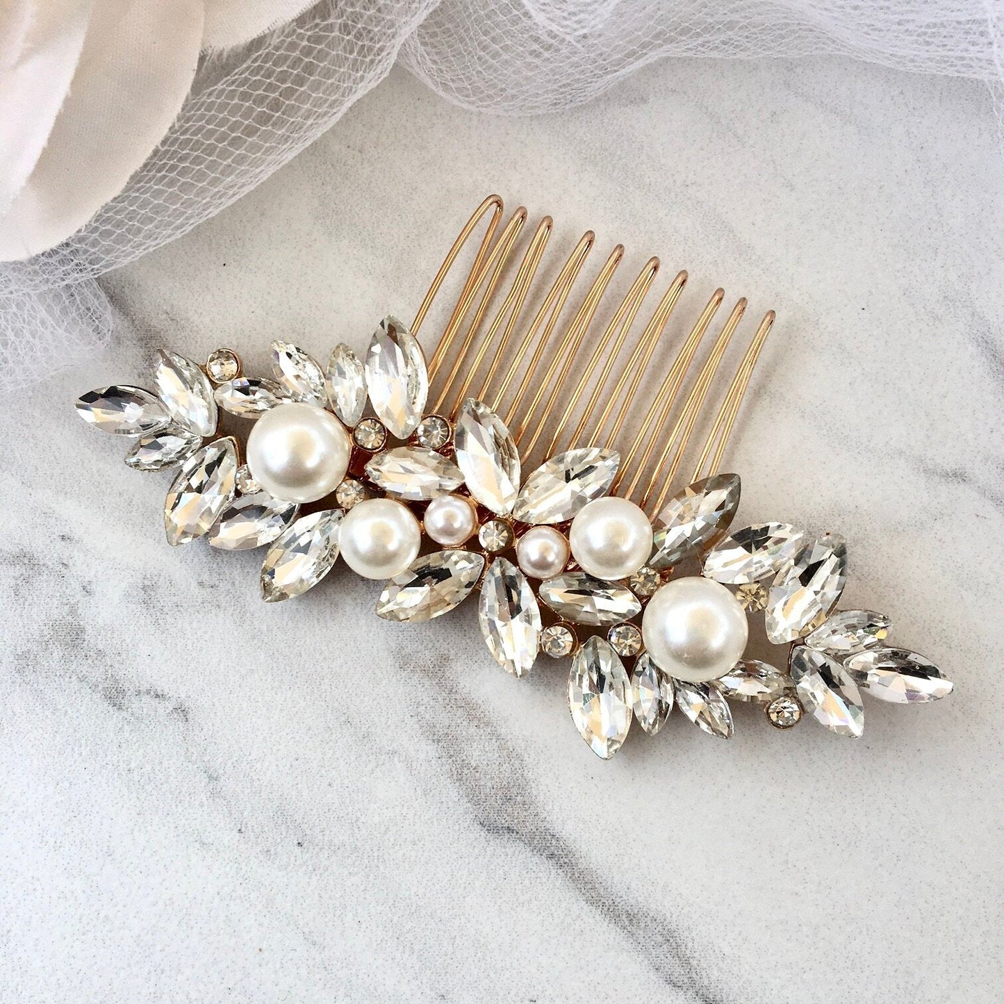 Adnana - Pearl Bridal Hair Comb - Available in Silver and Gold