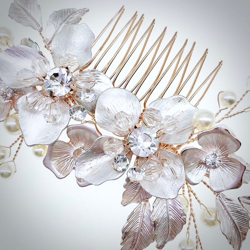 "Emery" - Pearl and Crystal Bridal Hair Comb - Available in Silver, Rose Gold and Yellow Gold