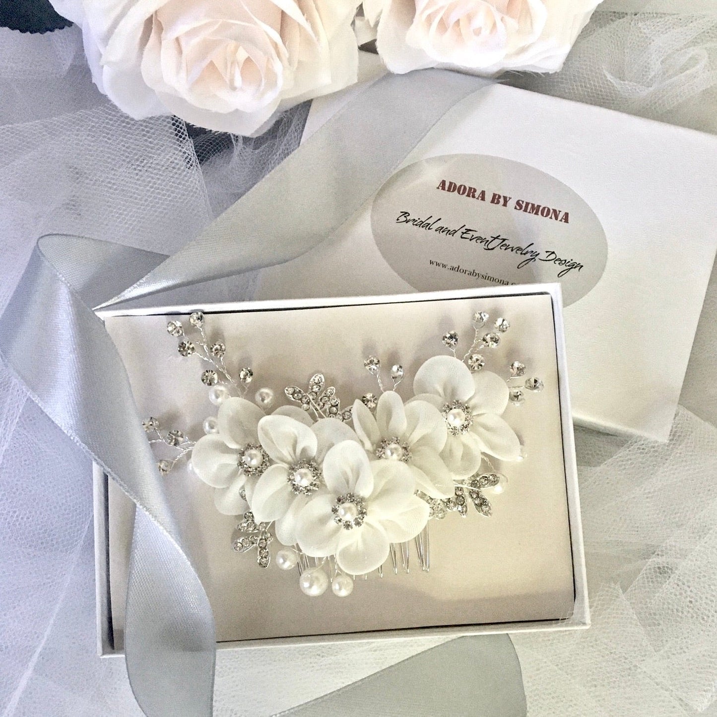 Danielle - Silver Pearl and Crystal Bridal Hair Comb/Clip