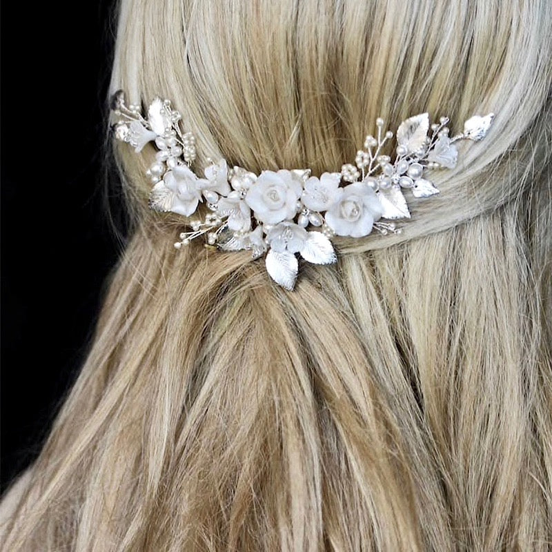 "Gloria" - Ceramic Flowers Silver Bridal Hair Comb / Vine