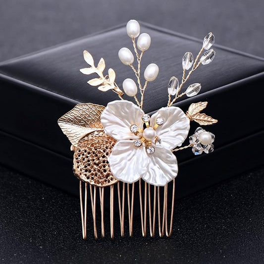 Clover - Pearl and Crystal Bridal Hair Comb - Available in Yellow Gold and Silver