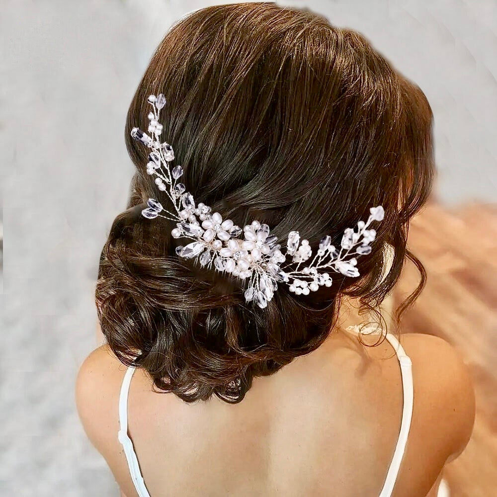 "Roseann" - Pearl and Crystal Bridal Hair Comb - Available in Silver, Rose Gold and Yellow Gold