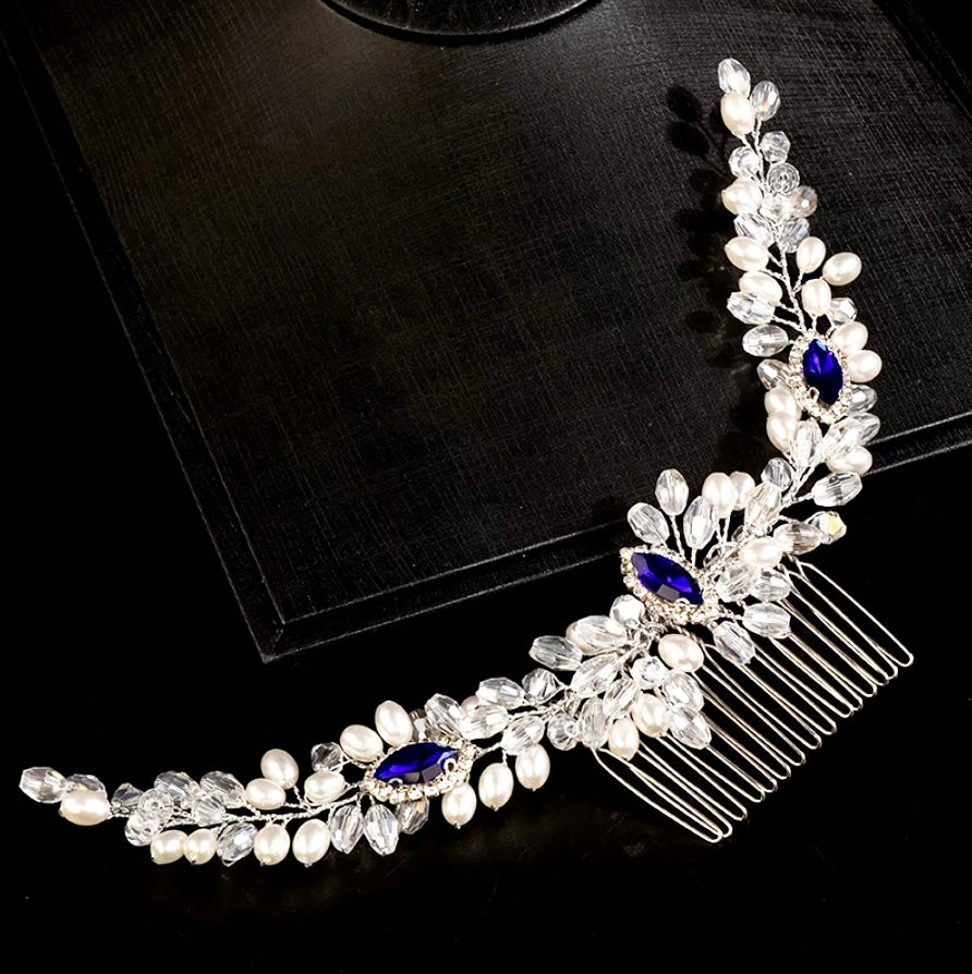 Clementine - Blue Crystal and Pearl Bridal Hair Comb / Hair Vine