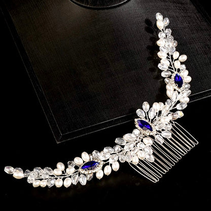 Clementine - Blue Crystal and Pearl Bridal Hair Comb / Hair Vine