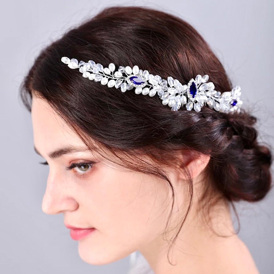 Clementine - Blue Crystal and Pearl Bridal Hair Comb / Hair Vine