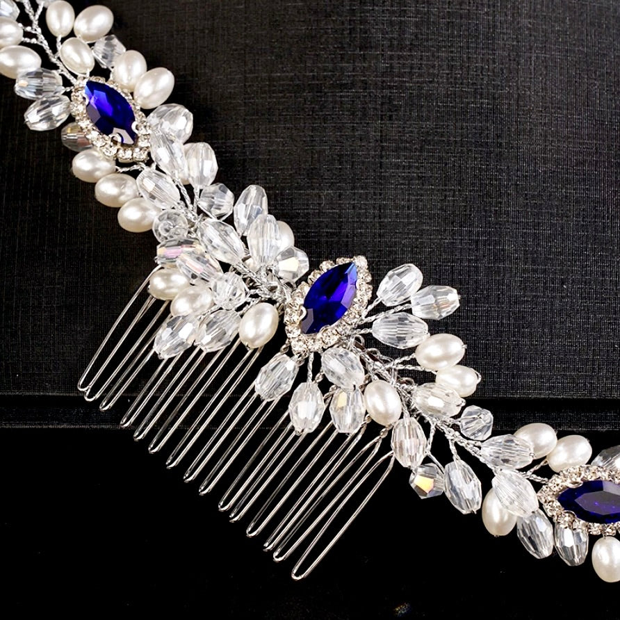 Clementine - Blue Crystal and Pearl Bridal Hair Comb / Hair Vine