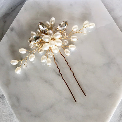 Kate - Pearl and Crystal Bridal Hair Pin - Available in Silver and Gold