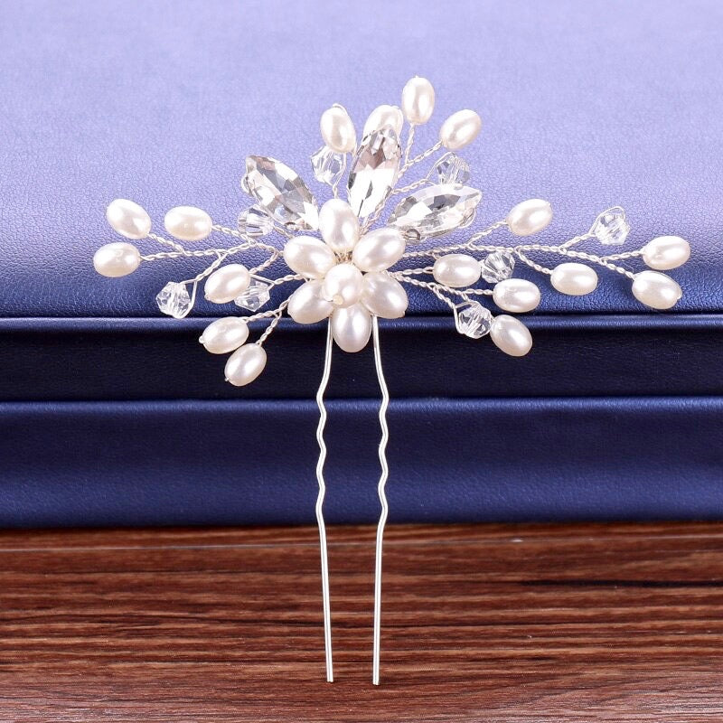 Kate - Pearl and Crystal Bridal Hair Pin - Available in Silver and Gold