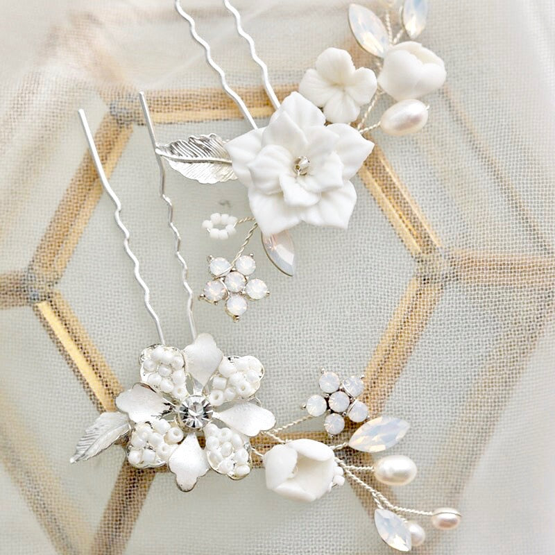 Penelope -  Pearl and Opal Bridal Hair Pin Set