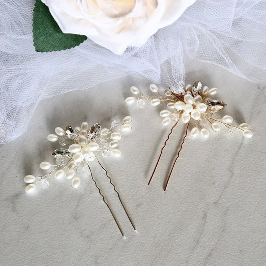 Kate - Pearl and Crystal Bridal Hair Pin - Available in Silver and Gold
