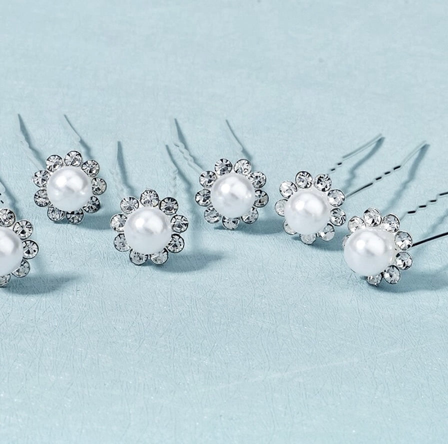 Leia - Pearl and Crystal Bridal Hair Pins - Set of 10