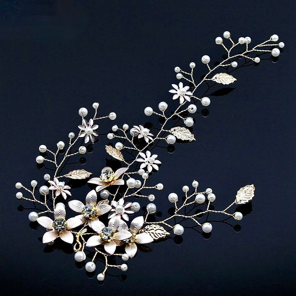 Tara - Pearl and Crystal Bridal Hair Vine - Available in Silver, Rose Gold and Yellow Gold