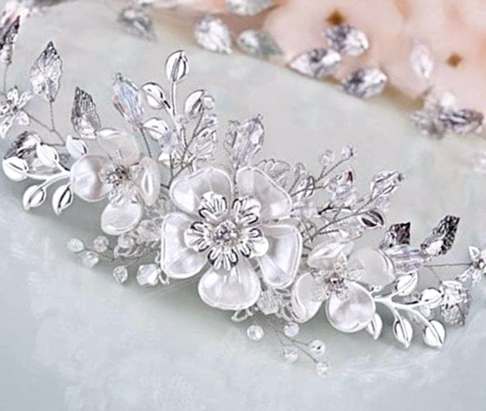 "Carol" - Silver Pearl and Crystal Bridal Headband