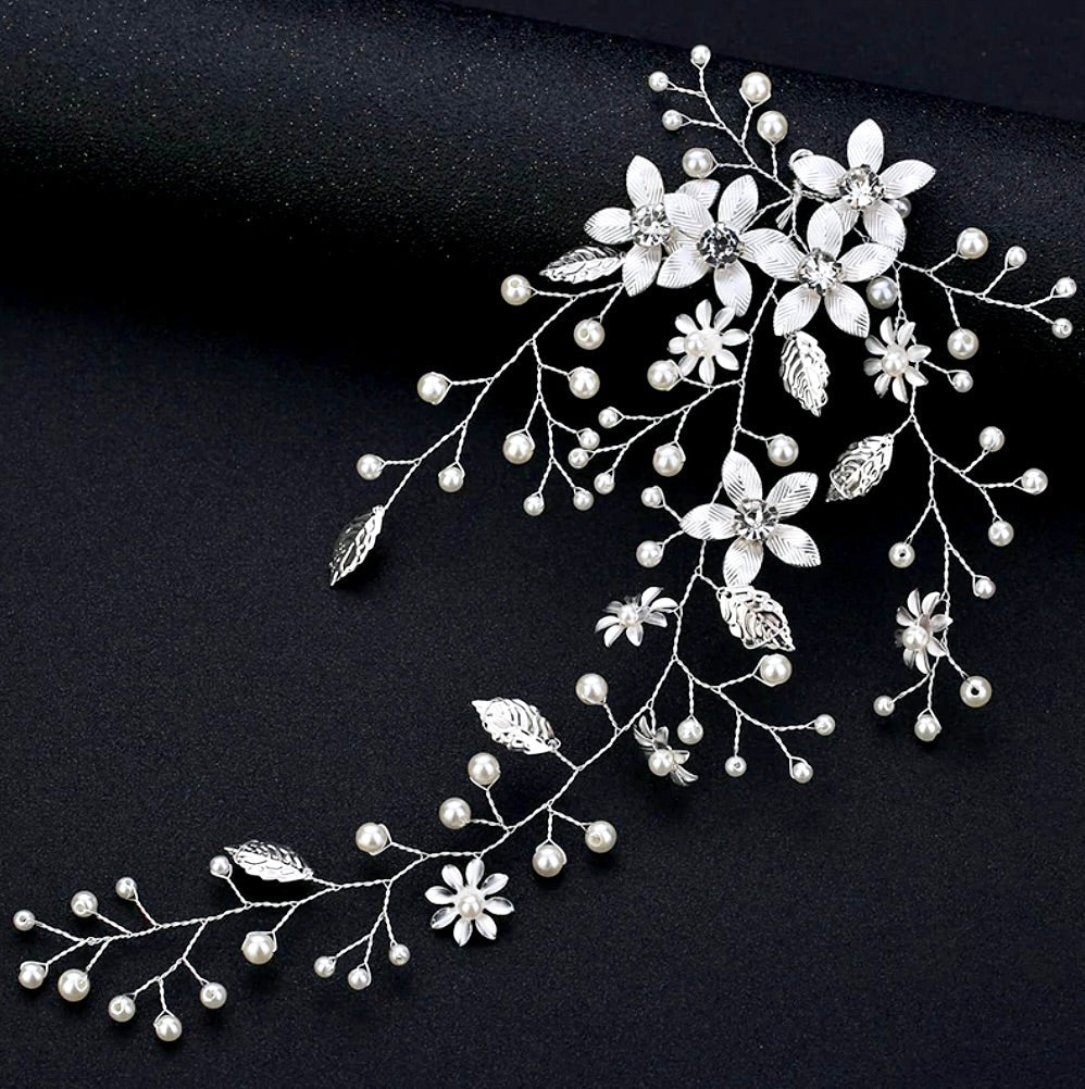 Tara - Pearl and Crystal Bridal Hair Vine - Available in Silver, Rose Gold and Yellow Gold