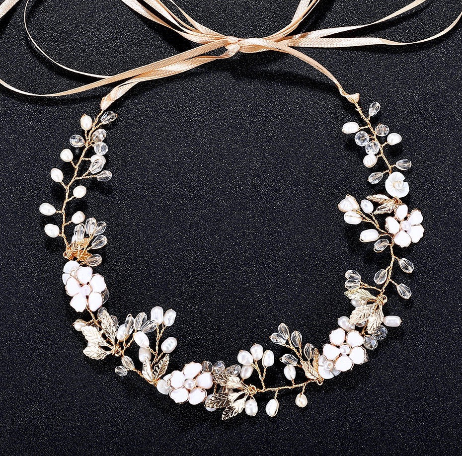 Andiana - Freshwater Pearl and Crystal Bridal Headband / Vine - Available in Silver and Yellow Gold