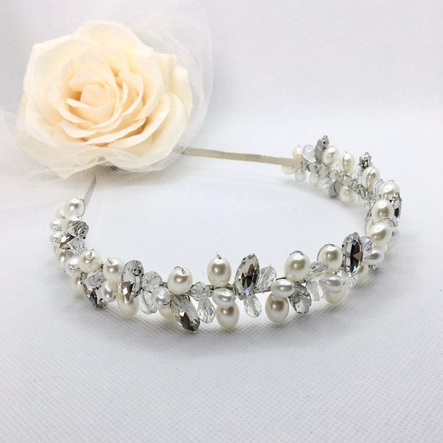 "Shayla" - Pearl and Crystal Bridal Headband - Available in Silver, Rose Gold and Yellow Gold
