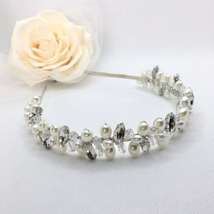 "Shayla" - Pearl and Crystal Bridal Headband - Available in Silver, Rose Gold and Yellow Gold